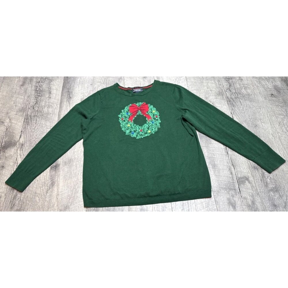 Lands End Sweater Womens Large Green Christmas Wreath Cotton Pom Pom Lights